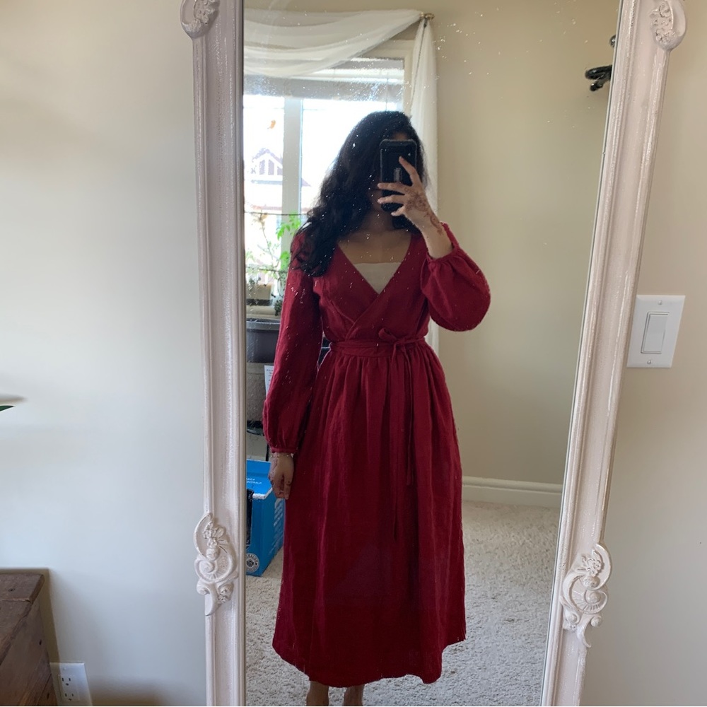 [SOLD] Red Linen Midi Wrap Dress from Love and Confuse